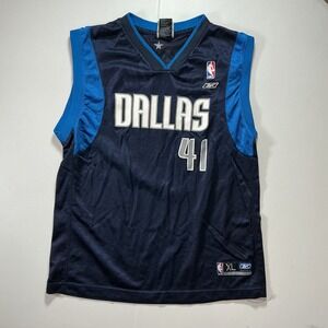 Y2K VTG Reebok Dallas Mavericks Dirk Nowitzki Jersey Kids XL NBA Navy Blue Mesh